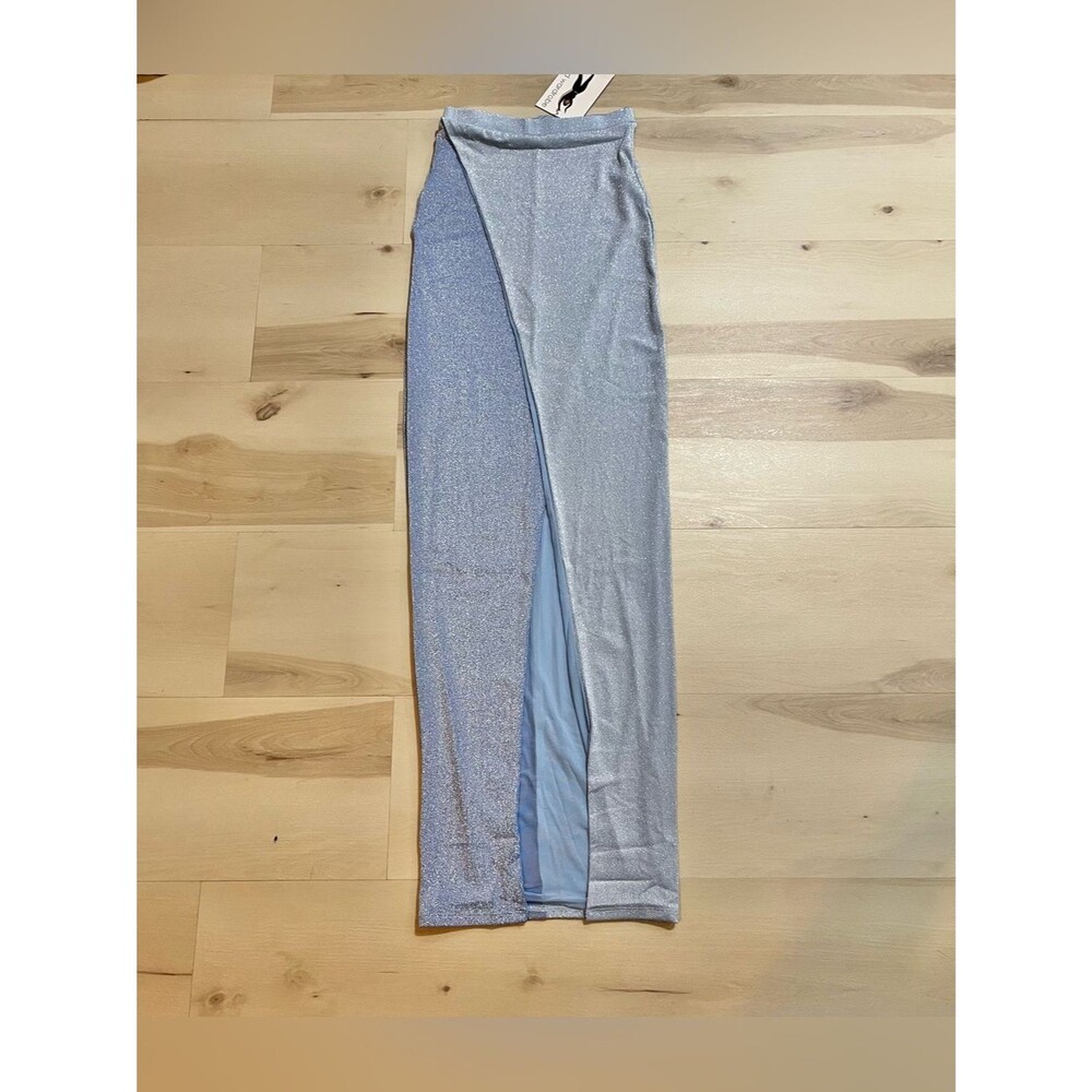Naked Wardrobe NWT Women Small Powder Blue Glitter Two-Tone Maxi Skirt